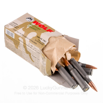 Large image of Bulk 308 Ammo For Sale - 168 Grain FMJ Ammunition in Stock by Wolf Military Classic - 500 Rounds