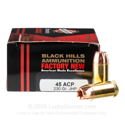 Large image of Premium .45 ACP Ammo For Sale – 230 grain JHP Ammunition in Stock by Black Hills - 20 Rounds