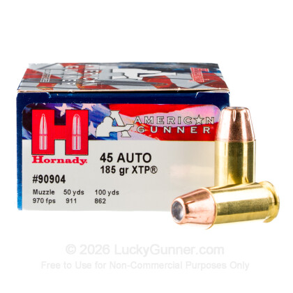Large image of Cheap 45 ACP Ammo - Hornady American Gunner 185 gr JHP - 20 Rounds