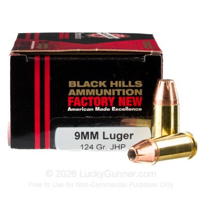 Large image of Premium 9mm Luger Ammo For Sale - 124 Grain JHP Ammunition in Stock by Black Hills - 20 Rounds
