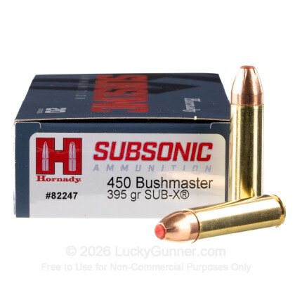 Large image of Premium 450 Bushmaster Ammo For Sale - 395 Grain Sub-X Ammunition in Stock by Hornady Subsonic - 20 Rounds