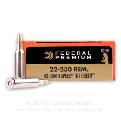 Large image of Premium 22-250 Rem Ammo For Sale - 43 Grain HP Ammunition in Stock by Federal Speer TNT - 20 Rounds