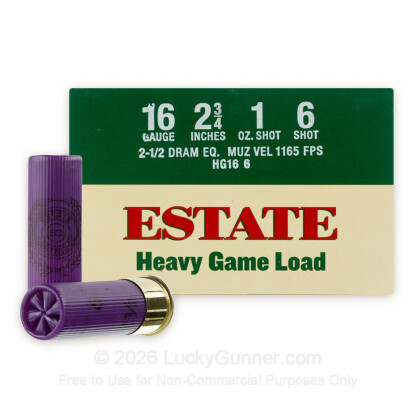 Large image of Cheap 16 Gauge Ammo For Sale - 2-3/4" 2-1/2 Dram 1 oz. #6 Shot Ammunition in Stock by Estate Heavy Game Load - 25 Rounds