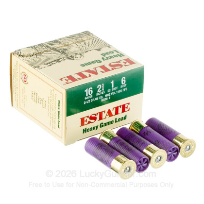 Large image of Cheap 16 Gauge Ammo For Sale - 2-3/4" 2-1/2 Dram 1 oz. #6 Shot Ammunition in Stock by Estate Heavy Game Load - 25 Rounds