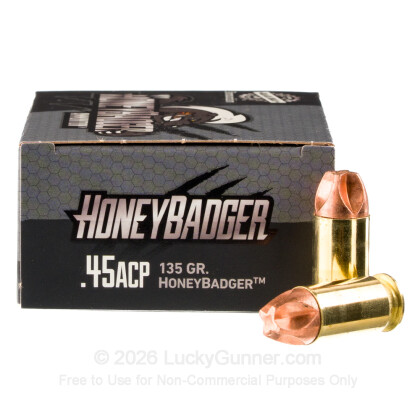 Large image of Premium 45 ACP Ammo For Sale - 135 Grain HoneyBadger Ammunition in Stock by Black Hills - 20 Rounds