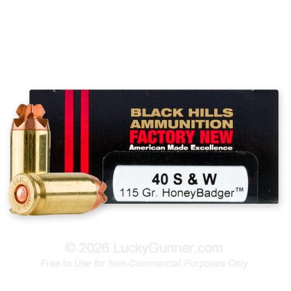 Large image of Premium 40 S&W Ammo For Sale - 115 Grain HoneyBadger Ammunition in Stock by Black Hills - 20 Rounds