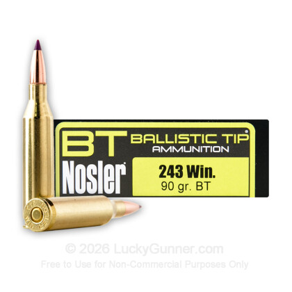 Large image of 243 Win Ammo - Nosler Ballistic Tip Hunting 90 gr BT - 20 Rounds