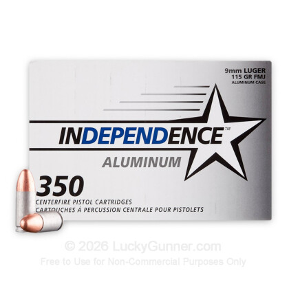 Large image of Bulk 9mm Ammo For Sale - 115 Grain FMJ Ammunition in Stock by Independence Aluminum - 350 Rounds