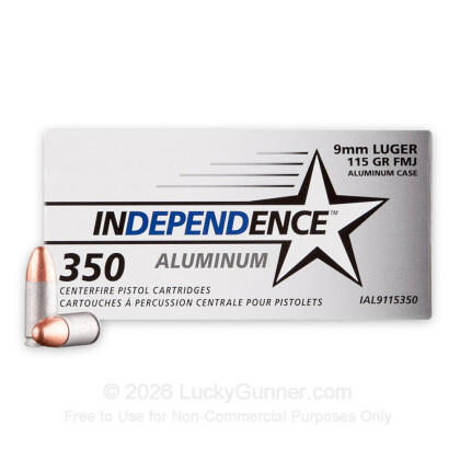 Large image of Bulk 9mm Ammo For Sale - 115 Grain FMJ Ammunition in Stock by Independence Aluminum - 350 Rounds