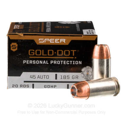 Large image of 45 ACP Defense Ammo In Stock - 185 gr JHP - 45 ACP Ammunition by Speer Gold Dot For Sale - 20 Rounds