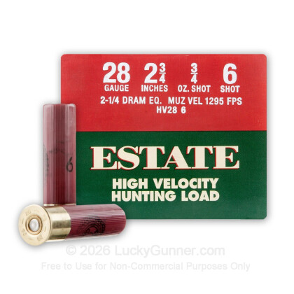 Large image of Cheap 28 Gauge Ammo For Sale - 2-3/4" 3/4 oz. #6 Shot Ammunition in Stock by Estate Hunting Load - 25 Rounds