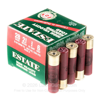 Large image of Cheap 28 Gauge Ammo For Sale - 2-3/4" 3/4 oz. #6 Shot Ammunition in Stock by Estate Hunting Load - 25 Rounds
