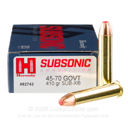 Large image of Premium 45-70 Ammo For Sale - 410 Grain Sub-X Ammunition in Stock by Hornady Subsonic - 20 Rounds