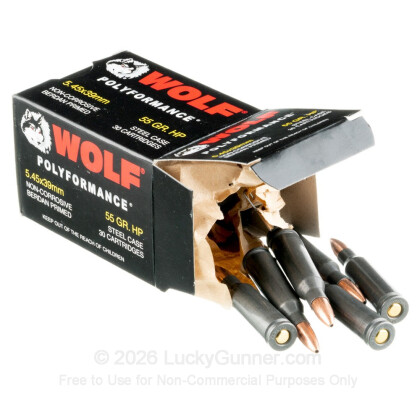 Large image of Bulk 5.45x39 Ammo For Sale - 55 Grain HP Ammunition in Stock by Wolf Polyformance - 750 Rounds