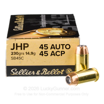 Large image of Cheap 45 ACP Ammo For Sale - 230 Grain Jacketed Hollow Point Ammunition in Stock by Sellier & Bellot - 1000 Rounds