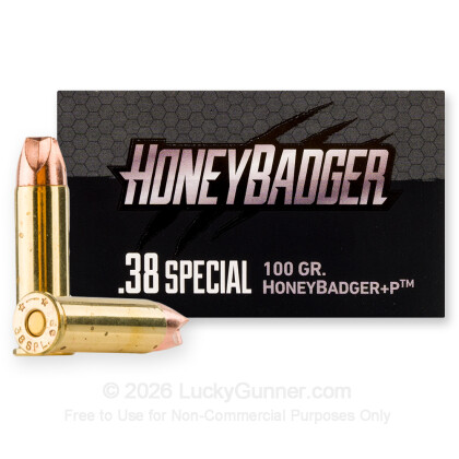 Large image of Premium 38 Special +P Ammo For Sale - 100 Grain HoneyBadger Ammunition in Stock by Black Hills - 50 Rounds