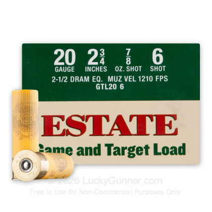 Large image of Cheap 20 Gauge Ammo For Sale - 2 3/4" 7/8oz. #6 Shot Ammunition in Stock by Estate Game and Target - [Round Count] Rounds