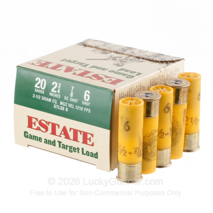 Large image of Cheap 20 Gauge Ammo For Sale - 2 3/4" 7/8oz. #6 Shot Ammunition in Stock by Estate Game and Target - [Round Count] Rounds