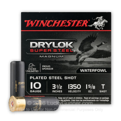 Large image of Premium 10 Gauge Ammo For Sale - 3-1/2” 1-5/8oz. Steel T Shot Ammunition in Stock by Winchester DryLok Super Steel - 25 Rounds
