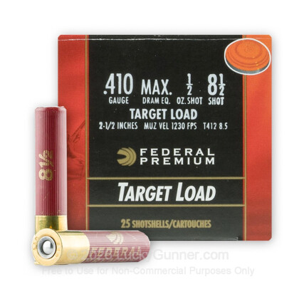Large image of Cheap 410 Gauge Ammo For Sale - 2-1/2" 1/2 Ounce #8.5 Shot Ammunition in Stock by Federal Premium Target Load - 25 Rounds
