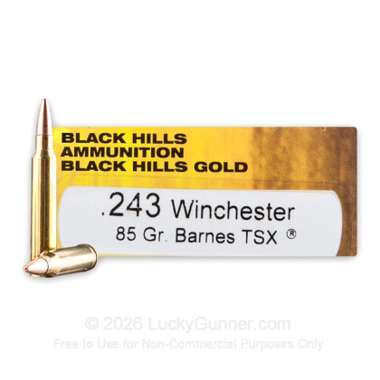 Large image of Premium 243 Ammo For Sale - 85 Grain Barnes TSX HP Ammunition in Stock by Black Hills Gold - 20 Rounds