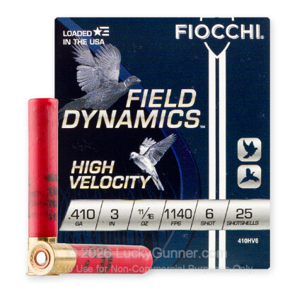 Large image of Cheap 410 Bore Ammo For Sale - 3” 11/16oz. #6 Shot Ammunition in Stock by Fiocchi - 25 Rounds