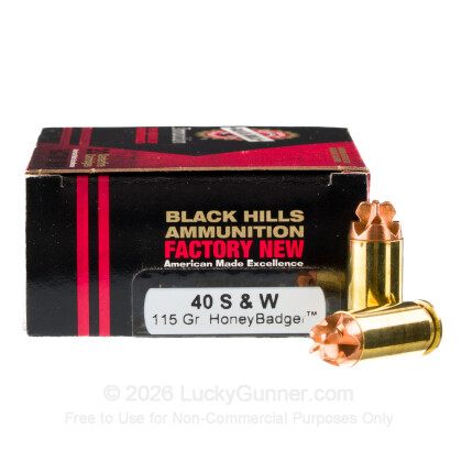 Large image of Premium 40 S&W Ammo For Sale - 115 Grain HoneyBadger Ammunition in Stock by Black Hills - 20 Rounds