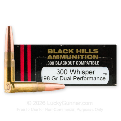 Large image of Premium 300 AAC Blackout Ammo For Sale - 198 Grain Dual Performance Ammunition in Stock by Black Hills Subsonic - 20 Rounds