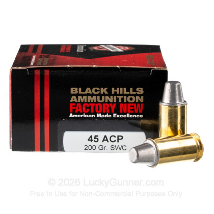Large image of Premium 45 ACP Ammo For Sale - 200 Grain SWC Ammunition in Stock by Black Hills - 20 Rounds