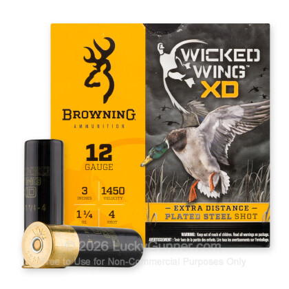 Large image of Premium 12 Gauge Ammo For Sale - 3” 1-1/4oz. #4 Steel Shot Ammunition in Stock by Browning Wicked Wing - 25 Rounds