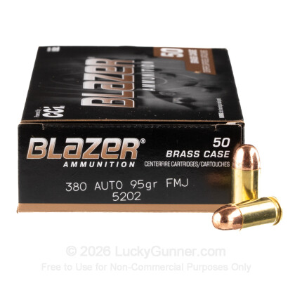 Large image of 380 Auto Ammo In Stock - 95 gr FMJ - 380 ACP Ammunition by Blazer Brass For Sale - 50 Rounds