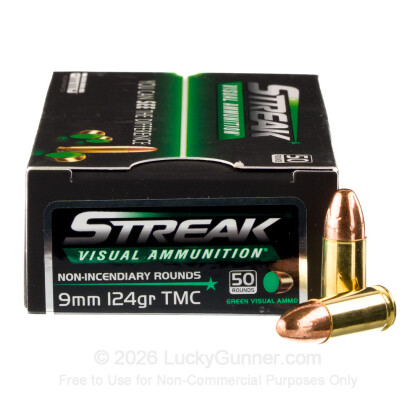 Large image of Bulk 9mm Ammo For Sale - 124 Grain TMJ Non-Incendiary Visual Tracer Ammunition in Stock by Ammo Inc. Streak - 1000 Rounds