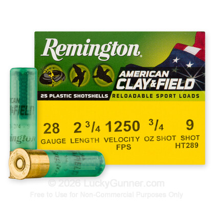 Large image of Cheap 28 Gauge Ammo For Sale - 2-3/4” 3/4oz. #9 Shot Ammunition in Stock by Remington American Clay & Field - 25 Rounds