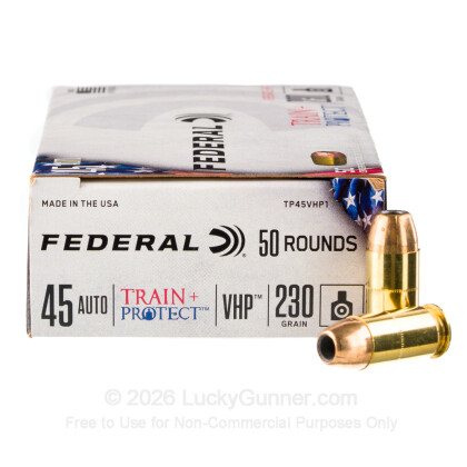 Large image of Premium 45 ACP Ammo For Sale - 230 Grain VHP Ammunition in Stock by Federal Train + Protect - 50 Rounds