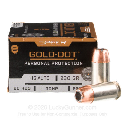 Large image of 45 ACP Defense Ammo In Stock - 230 gr JHP - 45 ACP Ammunition by Speer Gold Dot For Sale - 20 Rounds