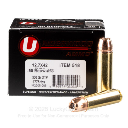 Large image of Premium 50 Beowulf Ammo For Sale - 350 Grain XTP Ammunition in Stock by Underwood - 20 Rounds