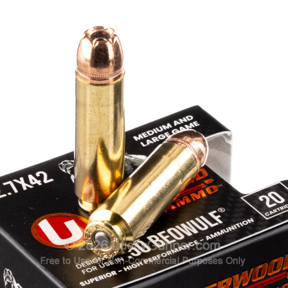 Large image of Premium 50 Beowulf Ammo For Sale - 350 Grain XTP Ammunition in Stock by Underwood - 20 Rounds