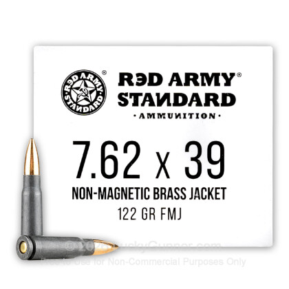 Large image of Cheap 7.62x39 Ammo For Sale - 122 Grain Nonmagnetic FMJ Ammunition in Stock by Red Army Standard - 20 Rounds
