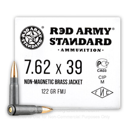 Large image of Cheap 7.62x39 Ammo For Sale - 122 Grain Nonmagnetic FMJ Ammunition in Stock by Red Army Standard - 20 Rounds