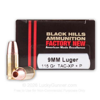 Large image of Premium 9mm +P Ammo For Sale - 115 Grain TAC-XP Ammunition in Stock by Black Hills - 20 Rounds