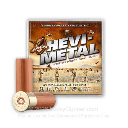 Large image of Premium 12 Gauge Ammo For Sale - 2-3/4" 1-1/8 oz. #4 Shot Ammunition in Stock by Hevi-Shot Pheasant Hevi-Metal - 25 Rounds