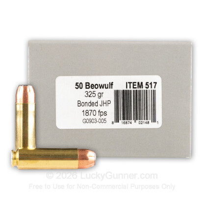 Large image of Premium 50 Beowulf Ammo For Sale - 325 Grain Bonded JHP Ammunition in Stock by Underwood - 20 Rounds