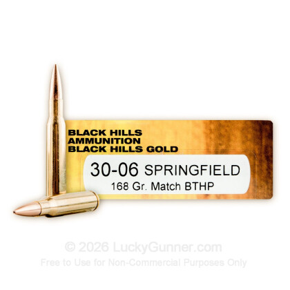 Large image of Premium 30-06 Ammo For Sale - 168 Grain HPBT Ammunition in Stock by Black Hills Gold Match - 20 Rounds