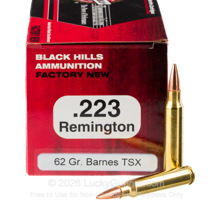 Large image of Premium 223 Rem Ammo For Sale - 62 Grain Barnes TSX Ammunition in Stock by Black Hills - 50 Rounds