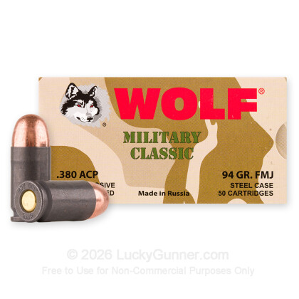 Large image of Bulk 380 Auto Ammo In Stock - 94 gr FMJ - 380 ACP Ammunition by Wolf Military Classic For Sale - 1000 Rounds