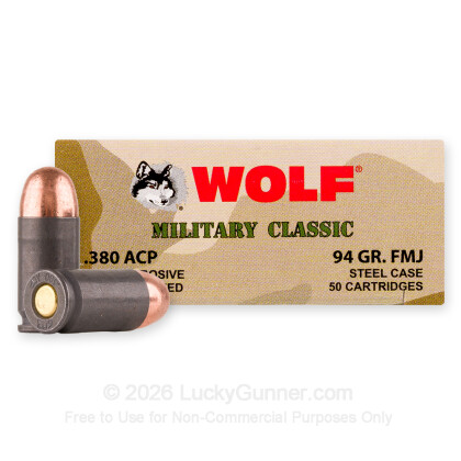 Large image of Bulk 380 Auto Ammo In Stock - 94 gr FMJ - 380 ACP Ammunition by Wolf Military Classic For Sale - 1000 Rounds