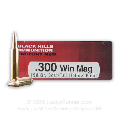 Large image of Premium 300 Winchester Magnum Ammo For Sale - 190 Grain Match HPBT Ammunition in Stock by Black Hills - 20 Rounds