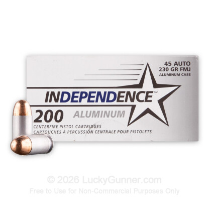 Large image of Bulk 45 ACP Ammo For Sale - 230 Grain FMJ Ammunition in Stock by Independence (Aluminum) - 200 Rounds