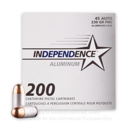Large image of Bulk 45 ACP Ammo For Sale - 230 Grain FMJ Ammunition in Stock by Independence (Aluminum) - 200 Rounds