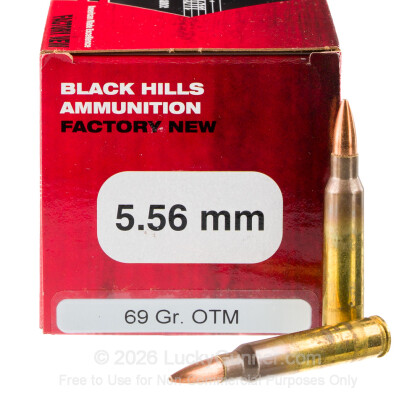 Large image of Premium 5.56x45 Ammo For Sale - 69 Grain Open Tip Match Ammunition in Stock by Black Hills - 50 Rounds